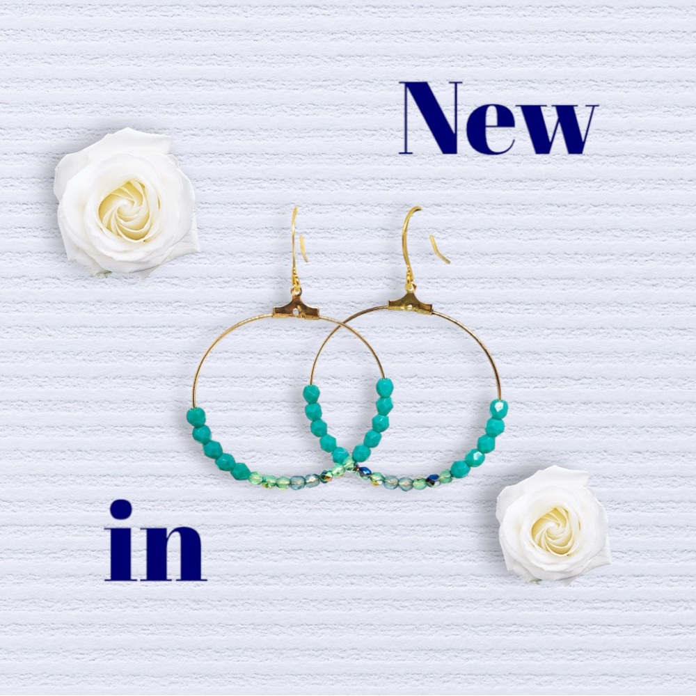 BOUTIQUE Elegant Gold and Turquoise Hoop Earrings, Pave Beaded Dangles, Stone